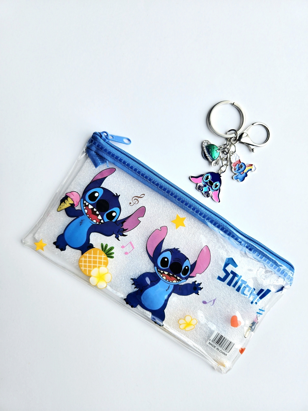 🌺 NWT Disney Stitch Transparent Pouch Pencil Case & Multi-Charm Keychain Set